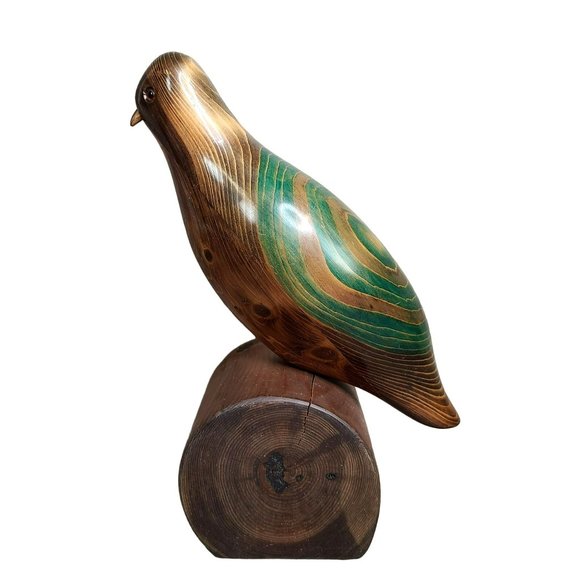 Hand Carved Two-Tone Wood Perched Quail Bird Figurine On Wooden Log 11" - Picture 2 of 15